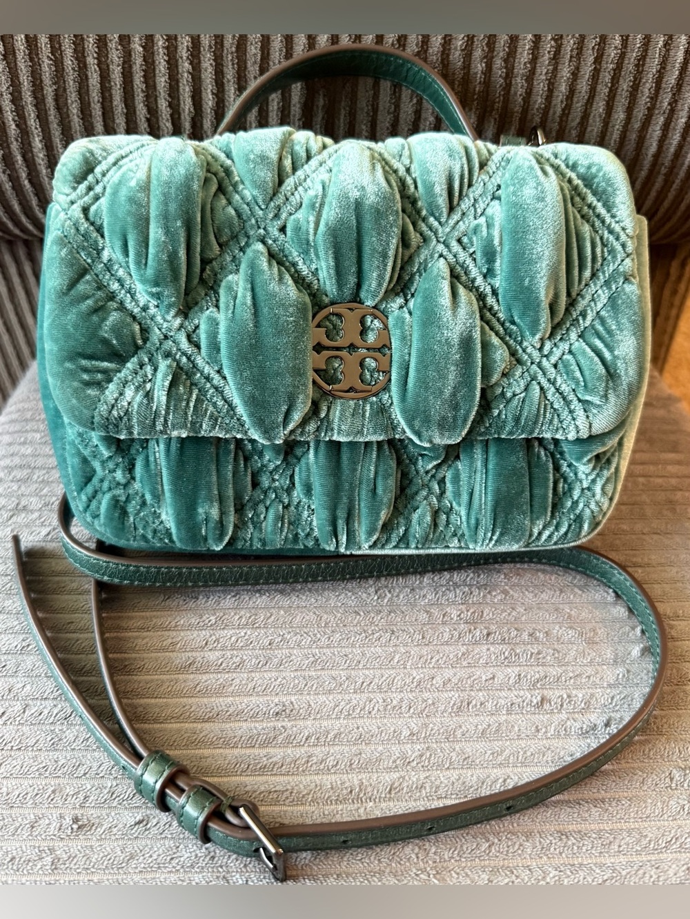 Tory Burch Willa Ruched Velvet Mini Top Handle Bag Purse Holiday Quilted